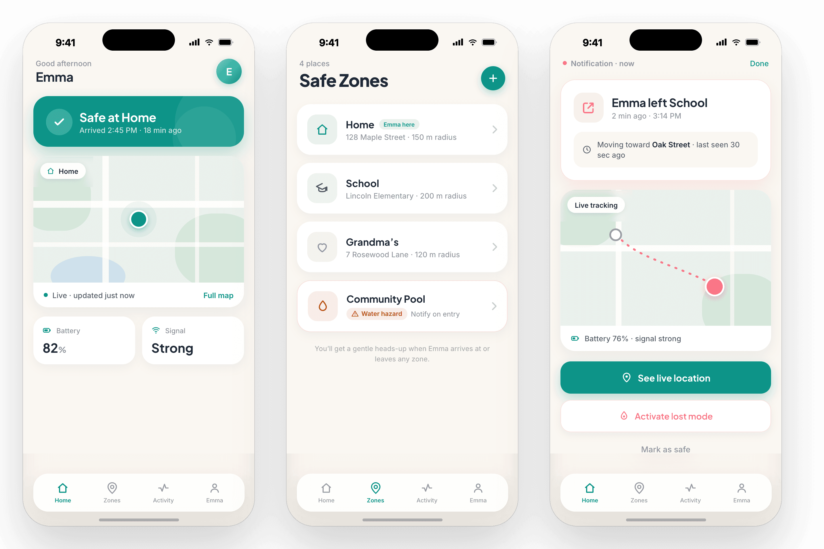 The StepSafe Kids app showing live location on a map, safe zones, and alerts.