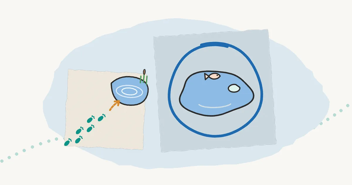 Illustration of a pond inside a blue circle, beside a trail of small footprints leading toward water.
